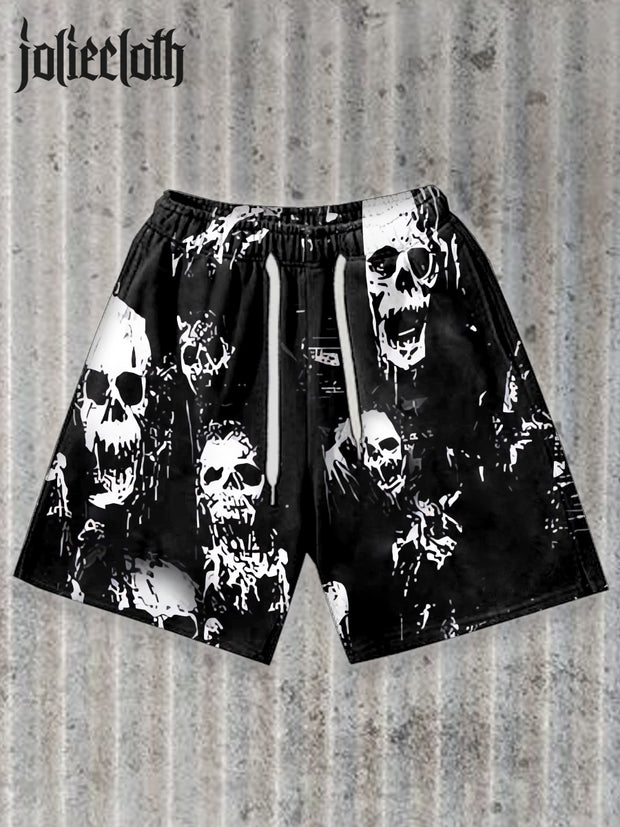 Men's Retro Skull Illustration Printed Casual Sports Shorts