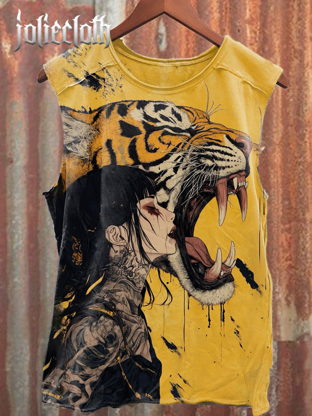 Unisex Tiger Girl Print Cotton Tank Top