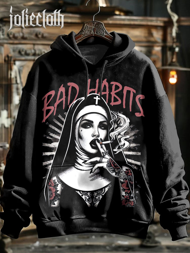 Unisex Retro Evil Nun Art Illustration Printed Casual Hoodie