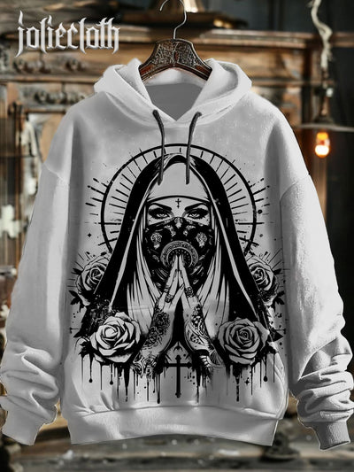 Unisex Retro Evil Nun Art Illustration Printed Casual Hoodie