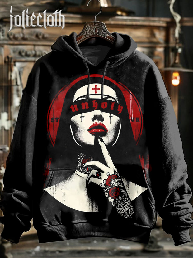 Unisex Retro Evil Nun Art Illustration Printed Casual Hoodie