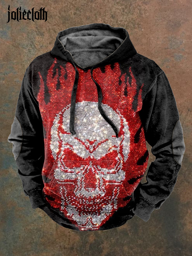 Men's Retro Skull Illustration Printed Casual Long Sleeve Hooded