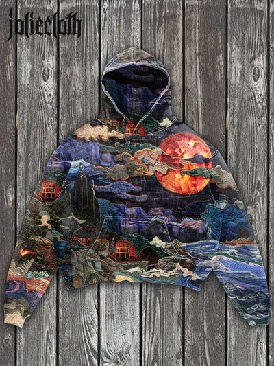 Unisex Embroidered Landscape Illustration Print Casual Hooded Sweater