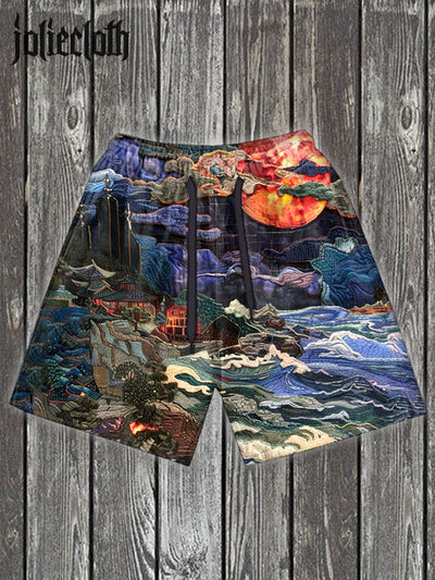 Men's Retro Embroidered Landscape Illustration Printed Casual Sports Shorts