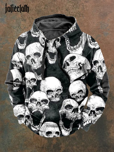 Men's Retro Skull Illustration Printed Casual Long Sleeve Hooded