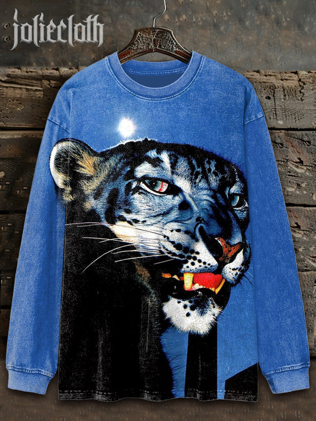 Unisex Fierce Leopard Illustration Print Long Sleeve Sweatshirt