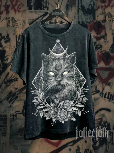 Unisex Dark Cat Illustration Print Casual Cotton Short Sleeve T-Shirt