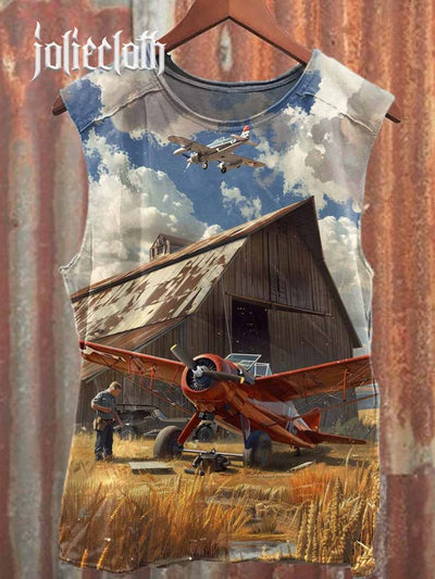 Unisex Retro Civilian Aircraft Illustration Casual Cotton Tank Top