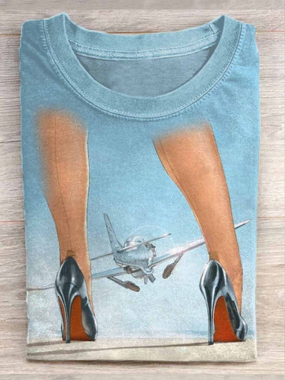 Unisex Fun Airplane Art Illustration Printed Casual Cotton Short Sleeve T-Shirt