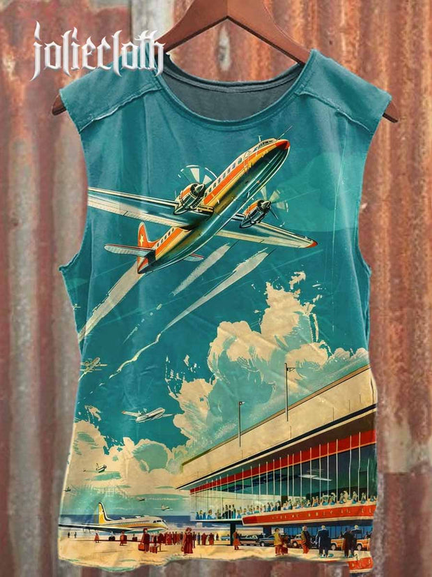 Unisex Retro Airplane Illustration Casual Cotton Tank Top