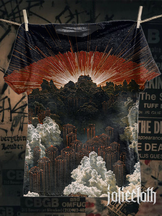 Unisex Fantasy City Illustration Printed Casual Cotton Short Sleeve T-Shirt