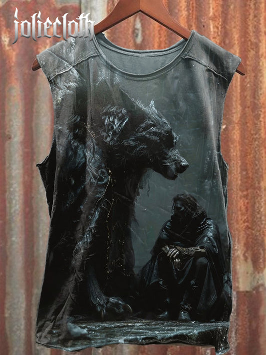 Unisex Retro Wolf Illustration Printed Casual Cotton Tank Top