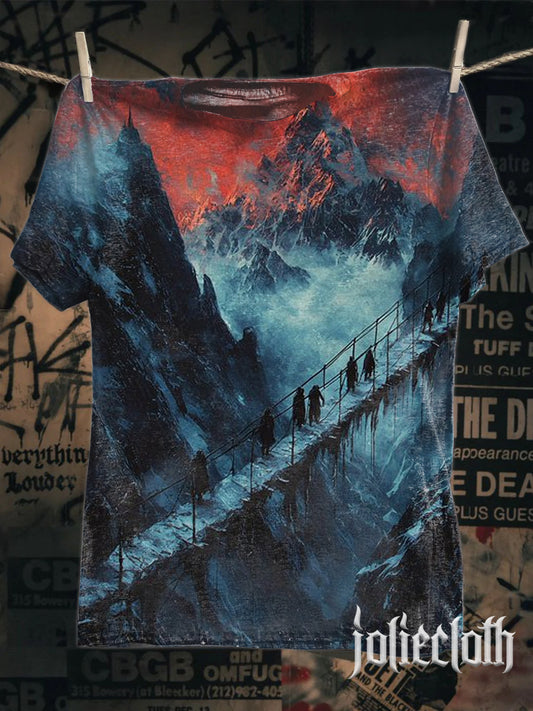 Unisex Vintage Snow Mountain Climbing Illustration Printed Casual Cotton Short Sleeve T-Shirt