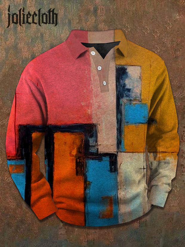 Men's Colorful Geometric Illustration Printed Casual Polo Shirt