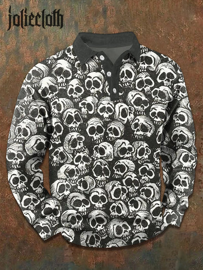 Men's Retro Skull Print Casual Polo Shirt