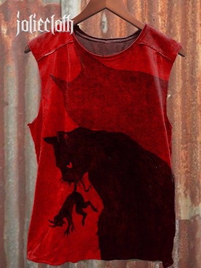 Unisex Dark Cat Illustration Printed Cotton Tank Top