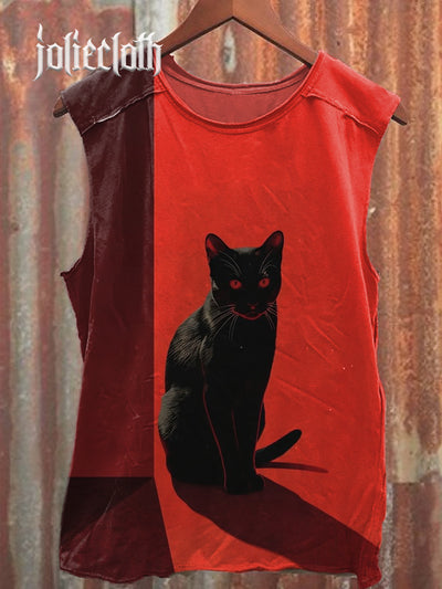 Unisex Dark Cat Illustration Printed Cotton Tank Top