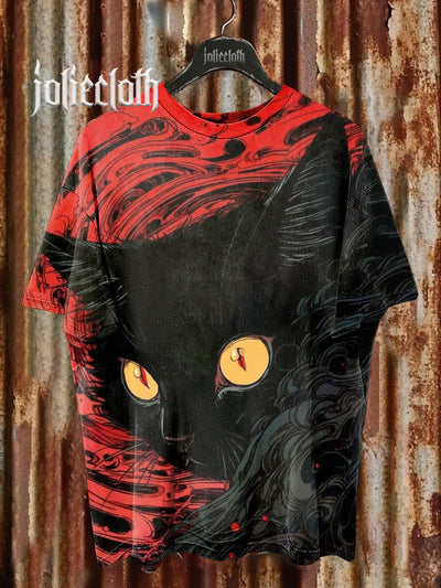 Unisex Dark Cat Illustration Print Casual Cotton T-Shirt