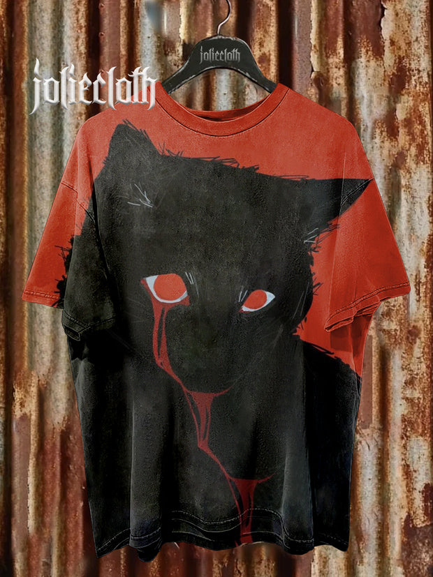 Unisex Dark Cat Illustration Print Casual Cotton T-Shirt