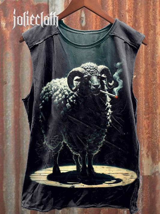Unisex Ferocious Sheep Illustration Printed Casual Cotton Tank Top