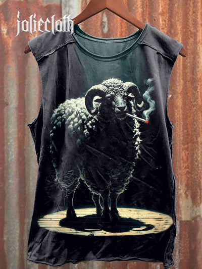 Unisex Ferocious Sheep Illustration Printed Casual Cotton Tank Top