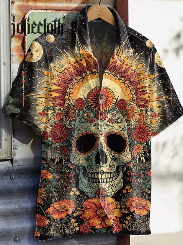 Men's Retro Western Skull Floral Print Casual Shirt