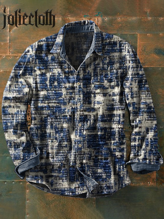 Men's Retro Western Texture Illustration Print Casual Long Sleeve Shirt