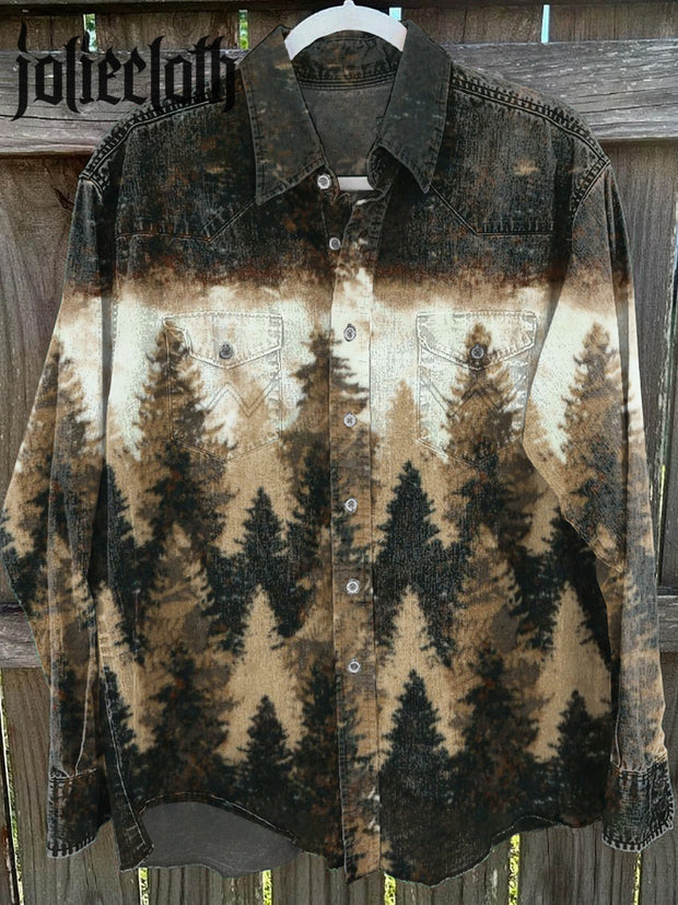 Unisex Vintage Wilderness Forest Print Casual Long Sleeve Shirt