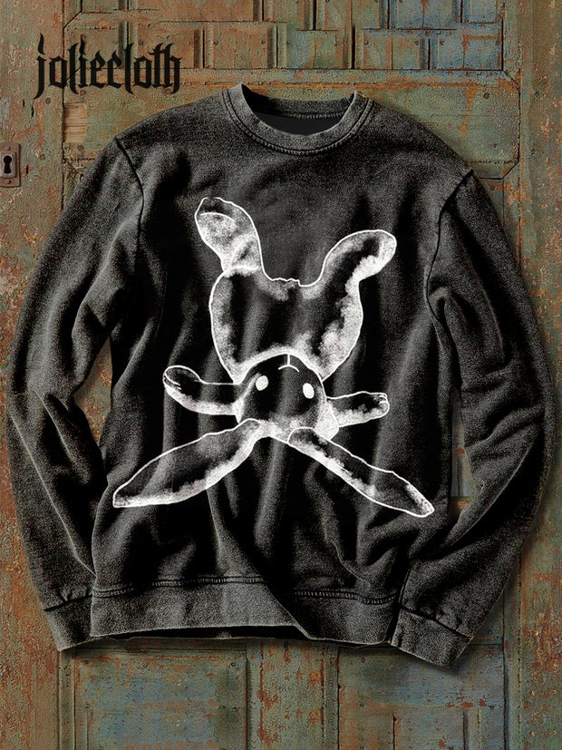 Unisex Retro Rabbit Illustration Printed Casual Long Sleeve Sweatshirt