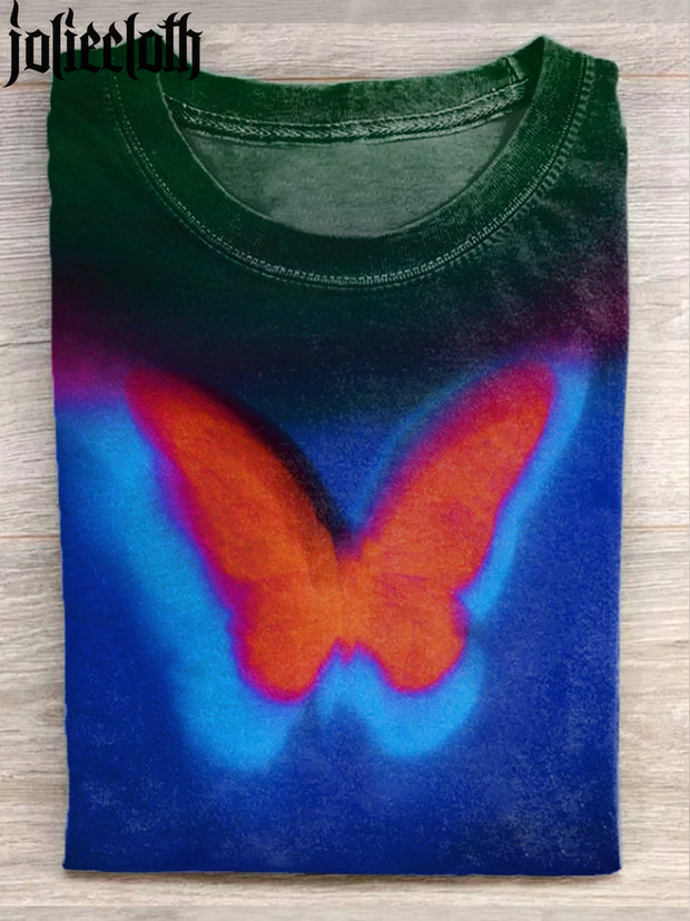 Unisex Fantasy Butterfly Illustration Printed Casual Short Sleeve Cotton T-shirt