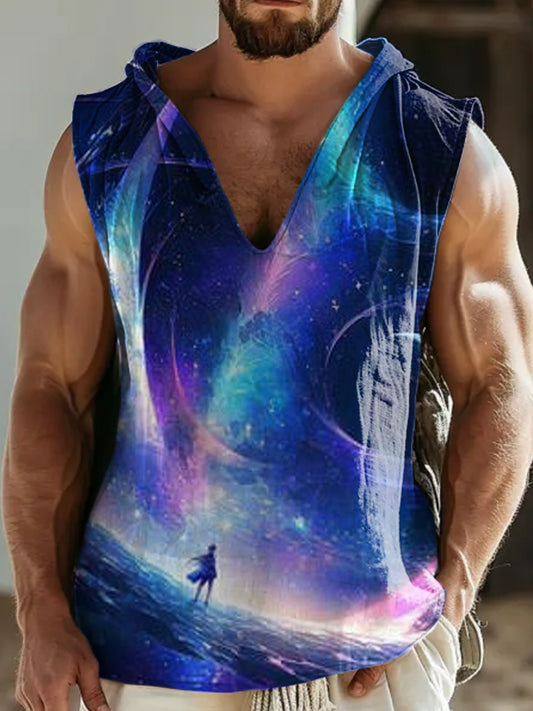 Unisex Retro Illustration Printed Casual Hooded Tank Top