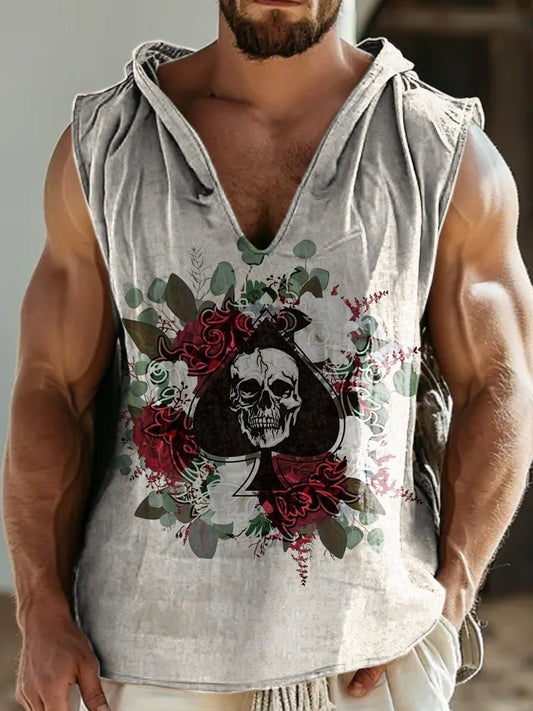 Unisex Retro Illustration Printed Casual Hooded Tank Top
