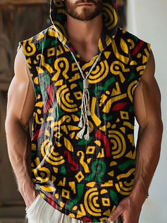 Retro Texture Illustration Printed Casual Cotton Hooded Tank Top