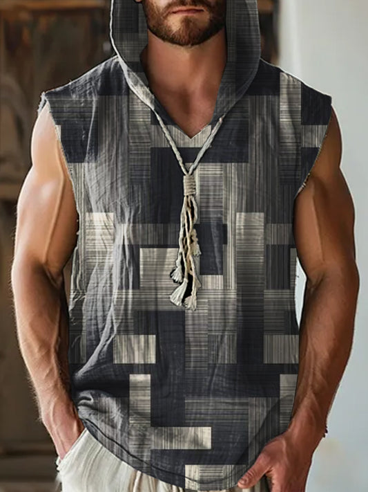 Retro Texture Illustration Printed Casual Cotton Hooded Tank Top