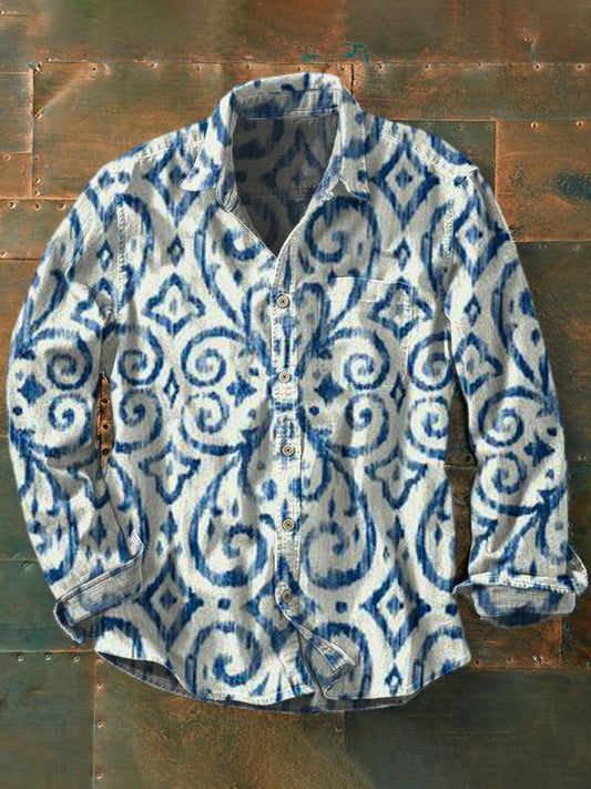 Unisex Vintage Texture Illustration Printed Casual Long Sleeve Shirt