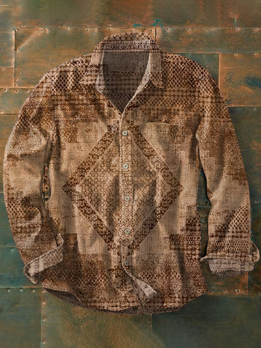Unisex Vintage Texture Illustration Printed Casual Long Sleeve Shirt
