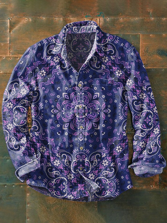 Unisex Vintage Texture Illustration Printed Casual Long Sleeve Shirt