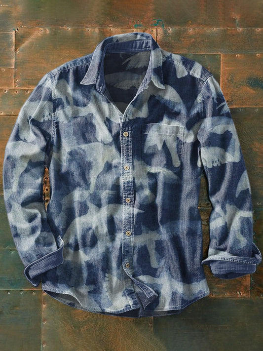 Unisex Vintage Texture Illustration Printed Casual Long Sleeve Shirt