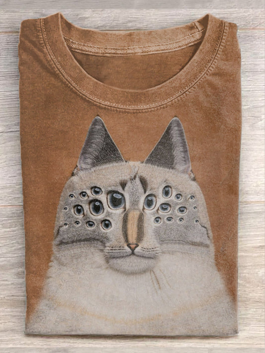 Unisex Funny Cat Illustration Casual Cotton T-shirt