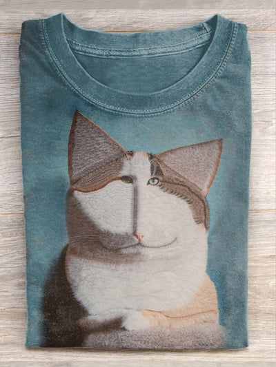 Unisex Funny Cat Illustration Casual Cotton T-shirt