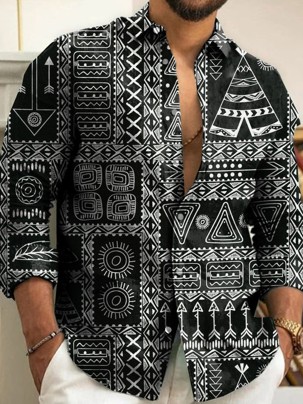 Men's Vintage African Art Print Long Sleeve Shirt