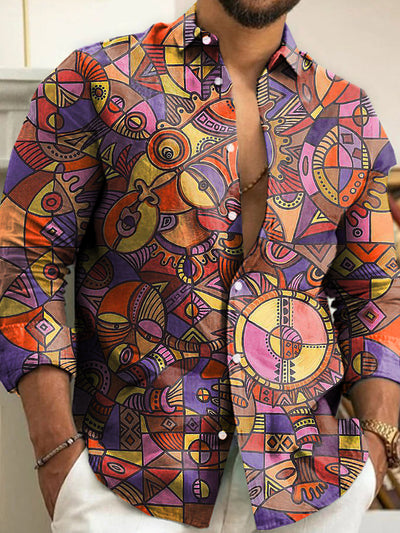 Men's Vintage African Art Print Long Sleeve Shirt