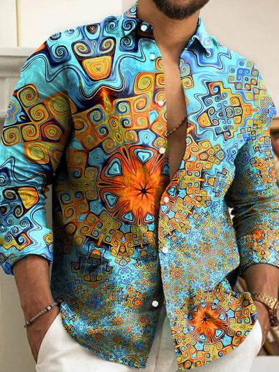 Men's Vintage Colorful Art Print Long Sleeve Shirt