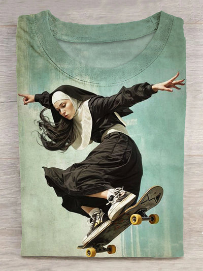 Unisex Funny Skateboarding Nun Printed Vintage Fashion Loose Short Sleeve T-Shirt