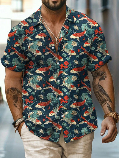 Brocaded Carp Printed Vintage Fashion Lapel Loose Short Sleeve Shirt