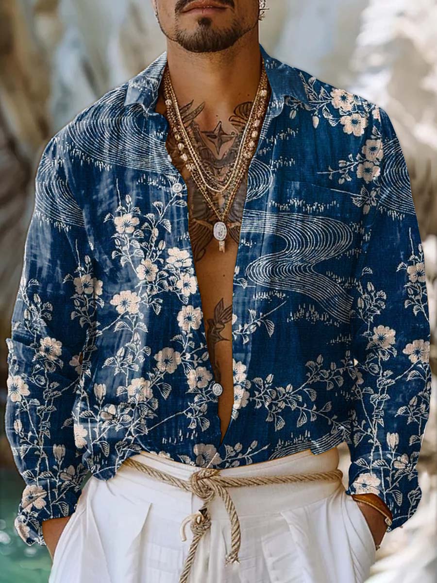 Retro Fashion Textured Pattern Art Deco Print Casual Long Sleeve Shirt