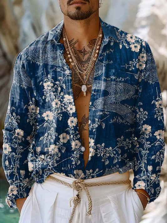 Retro Fashion Textured Pattern Art Deco Print Casual Long Sleeve Shirt