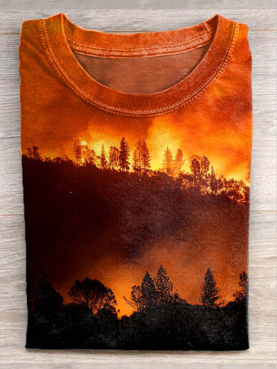 Unisex Forest Fire Illustration Printed Casual Cotton Short Sleeve T-Shirt