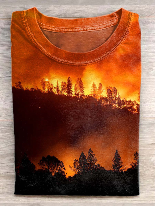 Unisex Forest Fire Illustration Printed Casual Cotton Short Sleeve T-Shirt