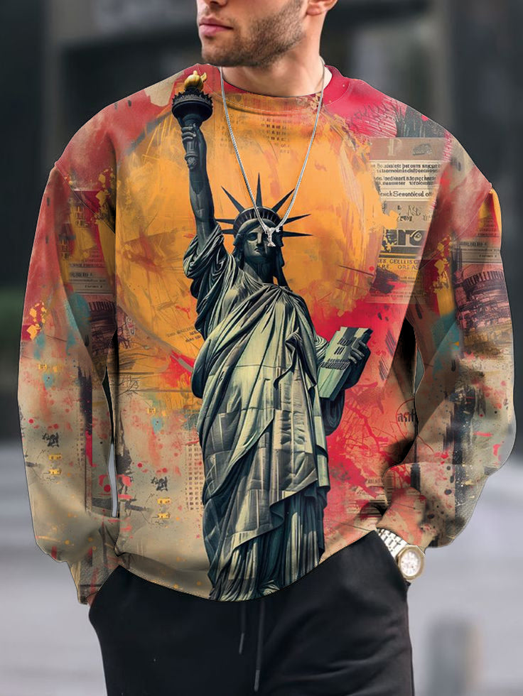 Men's Vintage Statue Of Liberty Print Crew Neck Casual Sweatshit